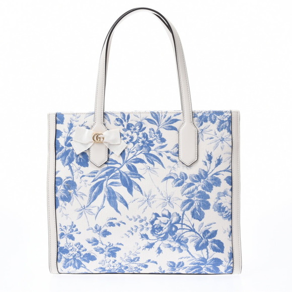 Gucci Handbags - GUCCI Herbarium Flower White Blue Canvas Calf Tote Bag